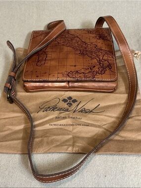 Patricia Nash Tan/Brown Map-Print Leather Crossbody Shoulder Bag